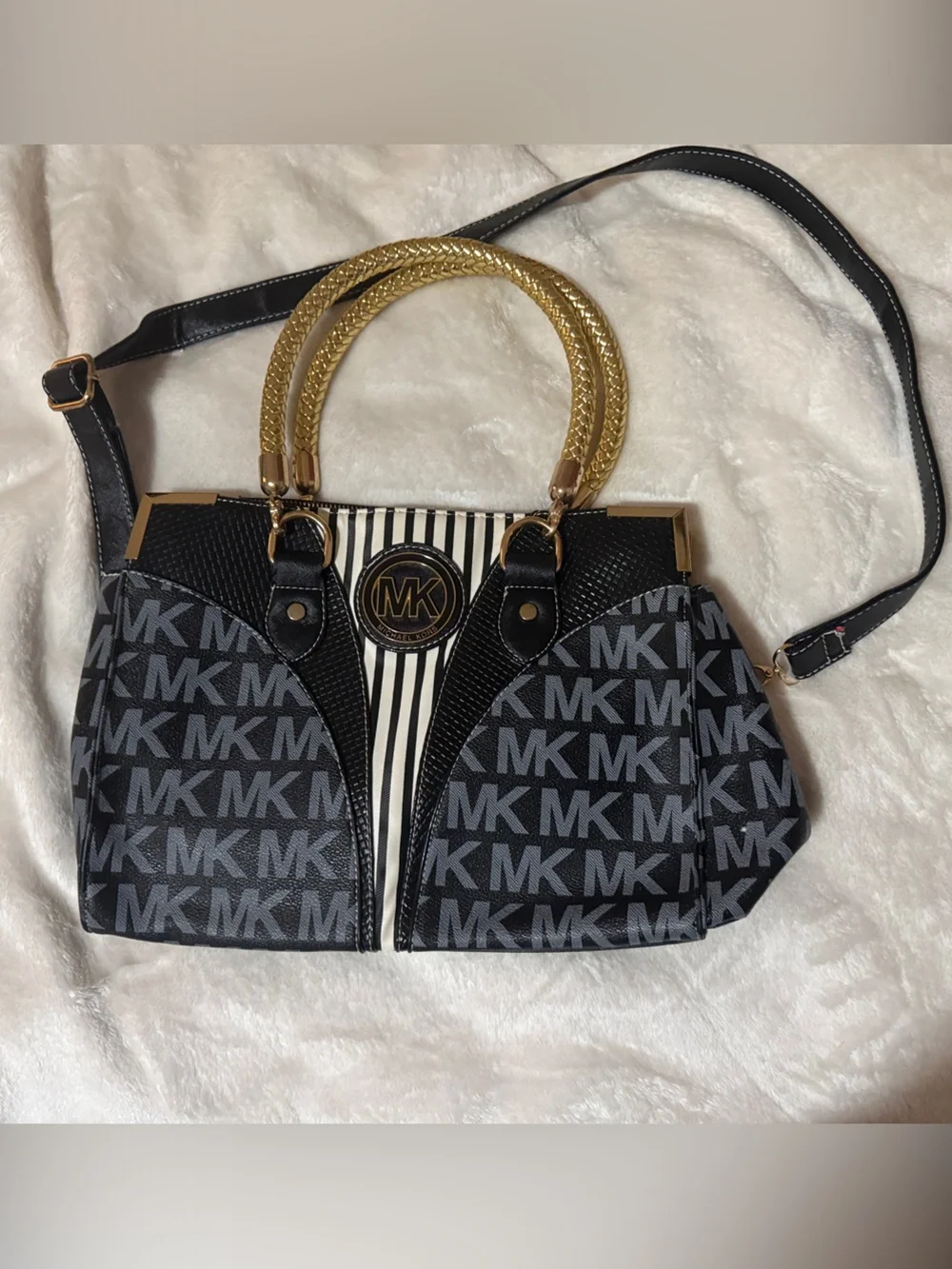 Michael Kors Black & Gold MK Signature Shoulder Bag with Striped Accent - Picture 1 of 2